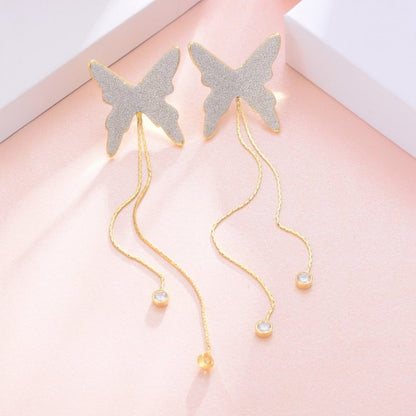 European And American Fashion Tassel Chain Long Silver Butterfly Earrings Women-Jewearrings