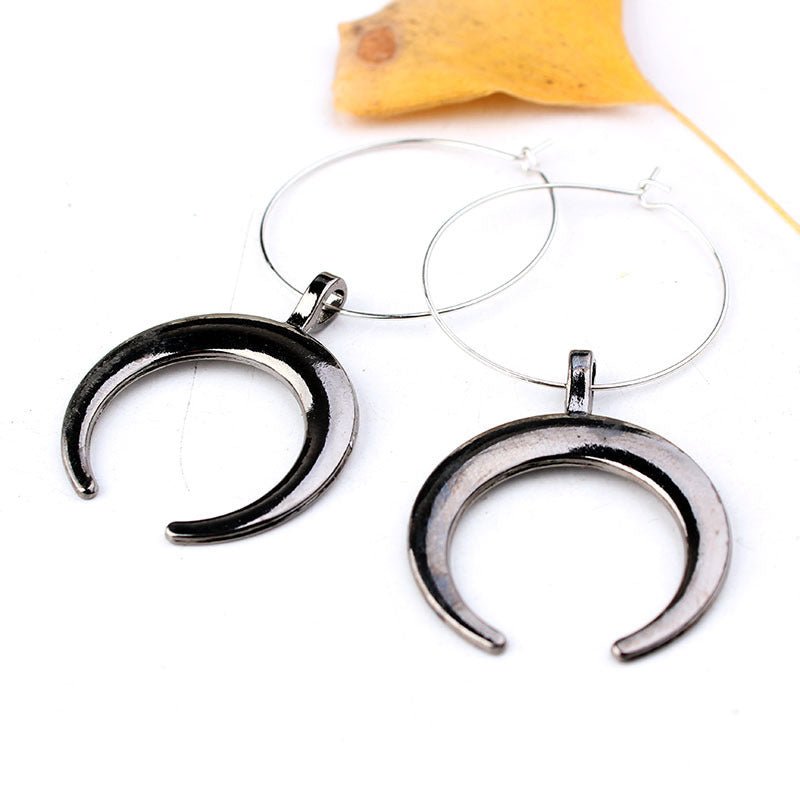 European And American Gothic Moon Hoop Punk Exaggerated Black Horns Pagan Earrings-Jewearrings