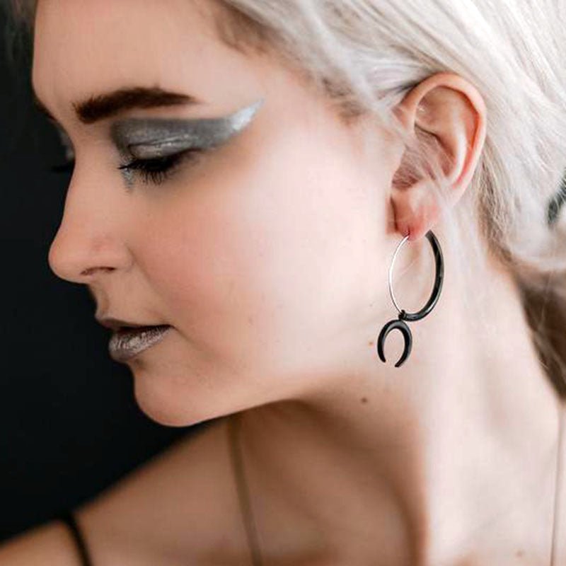 European And American Gothic Moon Hoop Punk Exaggerated Black Horns Pagan Earrings-Jewearrings