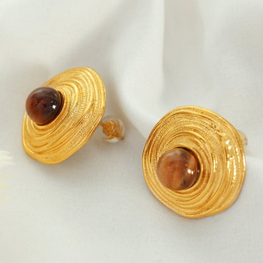 European And American High-grade Light Luxury Retro Style Inlaid Tigereye Gold Earrings-Jewearrings