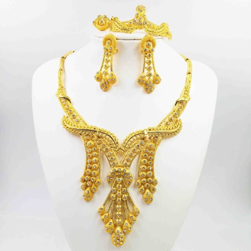 European And American Jewelry Hot-selling 24k Gold Alloy Jewelry Set Necklace Bracelet Ring Earrings Four-piece Set-Jewearrings