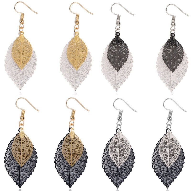 European And American Leaf Earrings Gold Simple Double-layer Hollow Leaf-Jewearrings