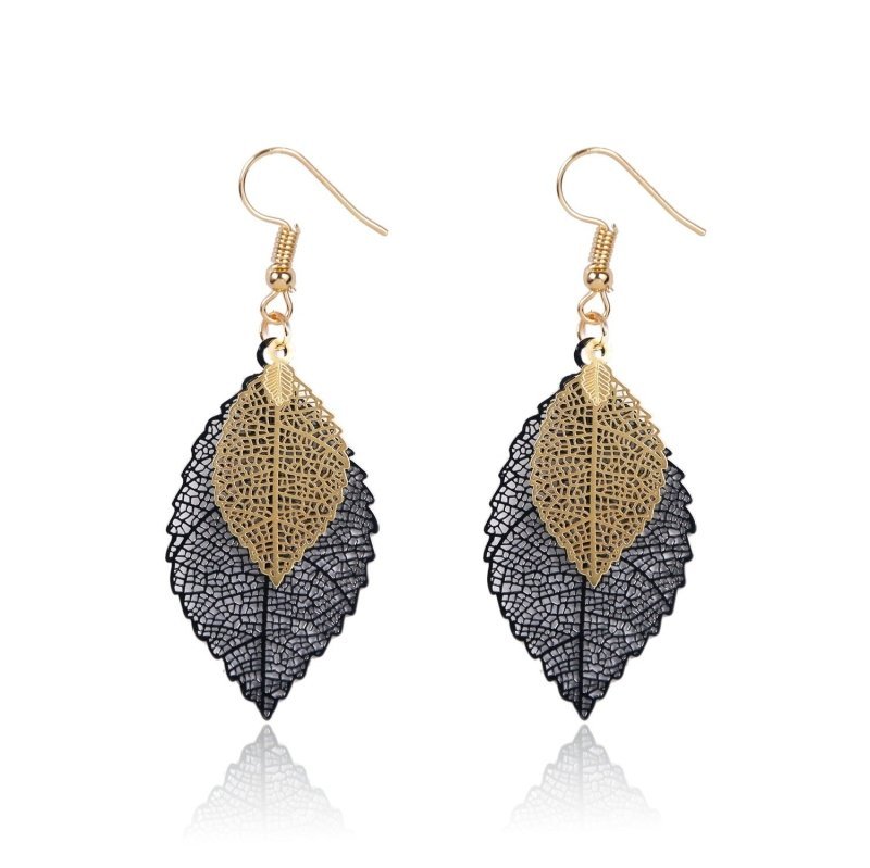 European And American Leaf Earrings Gold Simple Double-layer Hollow Leaf-Jewearrings