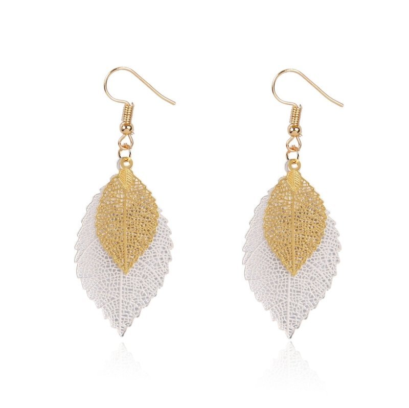 European And American Leaf Earrings Gold Simple Double-layer Hollow Leaf-Jewearrings