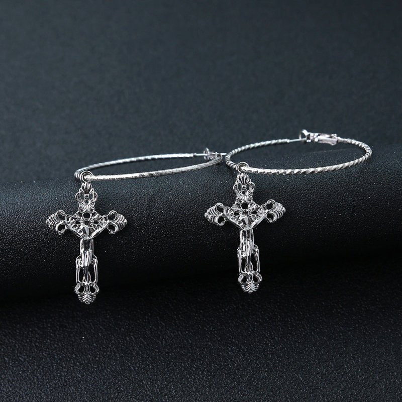 European And American Popular Style Trendy Nightclub New Personalized Metal Earrings Cold Style Street Cross Earrings Big Ring-Jewearrings