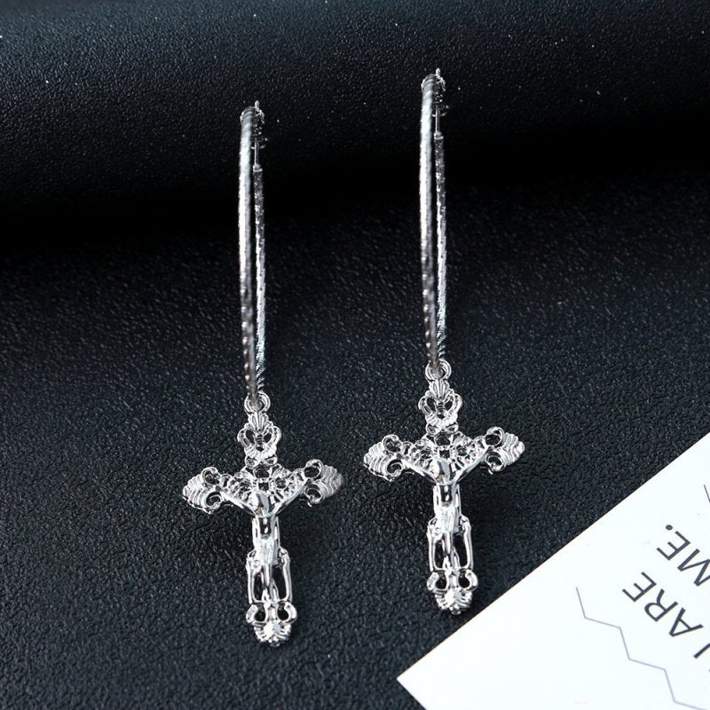 European And American Popular Style Trendy Nightclub New Personalized Metal Earrings Cold Style Street Cross Earrings Big Ring-Jewearrings