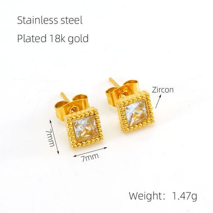 European And American Real Gold Square Zircon Stud Earrings Retro Compact-Jewearrings