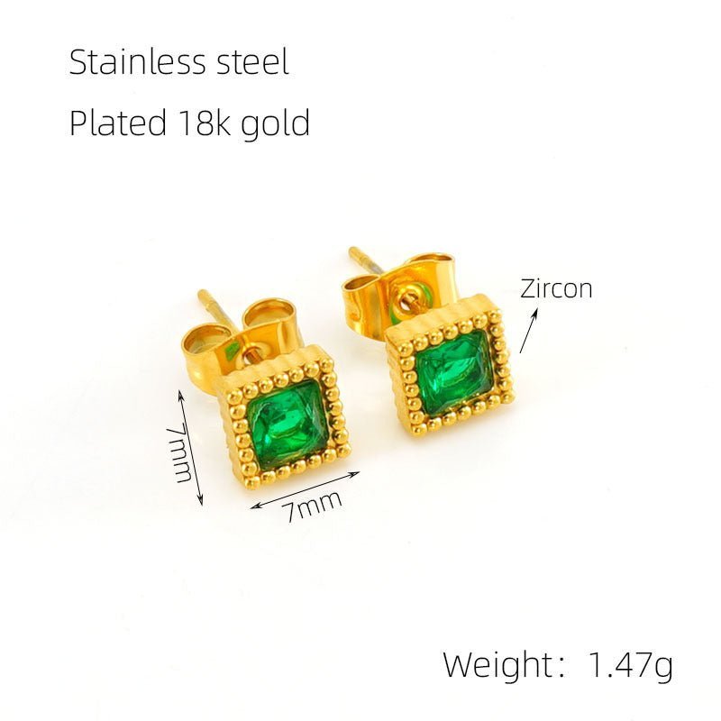 European And American Real Gold Square Zircon Stud Earrings Retro Compact-Jewearrings