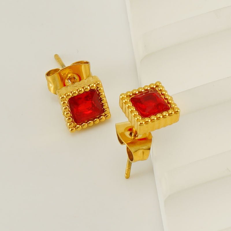 European And American Real Gold Square Zircon Stud Earrings Retro Compact-Jewearrings