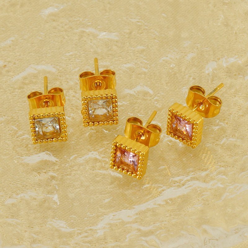 European And American Real Gold Square Zircon Stud Earrings Retro Compact-Jewearrings