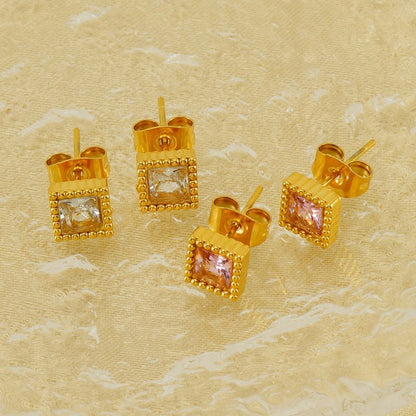 European And American Real Gold Square Zircon Stud Earrings Retro Compact-Jewearrings