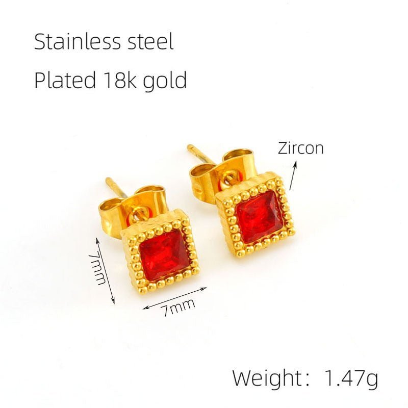 European And American Real Gold Square Zircon Stud Earrings Retro Compact-Jewearrings