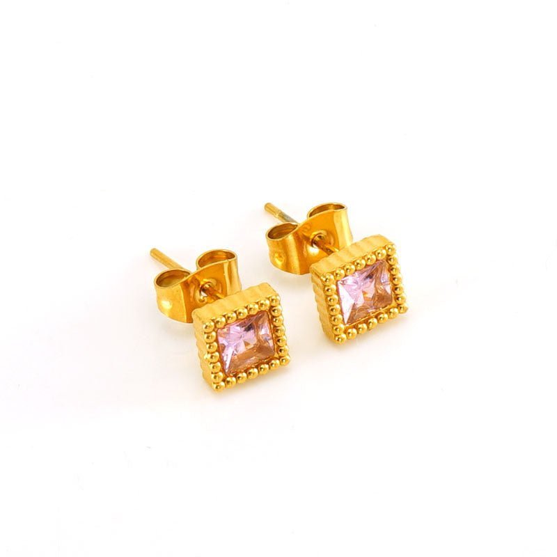 European And American Real Gold Square Zircon Stud Earrings Retro Compact-Jewearrings