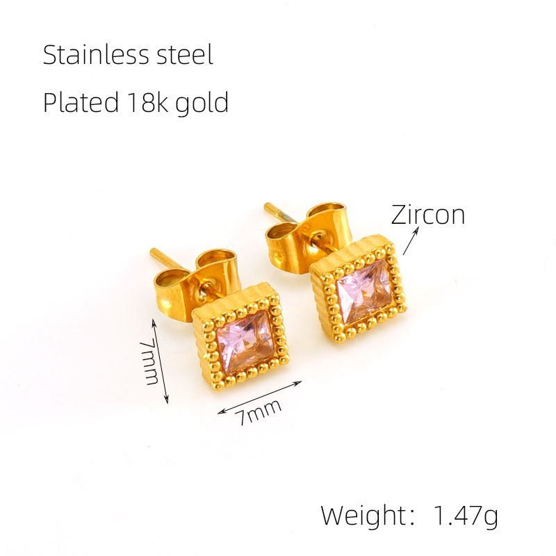 European And American Real Gold Square Zircon Stud Earrings Retro Compact-Jewearrings