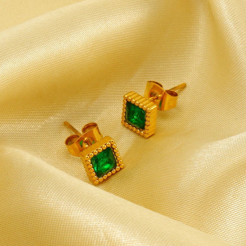 European And American Real Gold Square Zircon Stud Earrings Retro Compact-Jewearrings