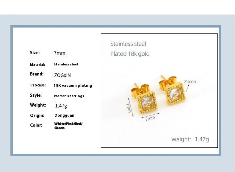 European And American Real Gold Square Zircon Stud Earrings Retro Compact-Jewearrings