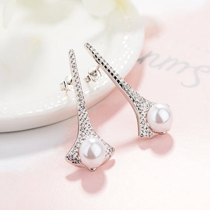 European And American Sterling Silver Needle Creative Tapered Rhinestone Light Luxury Long Pearl Earrings-Jewearrings