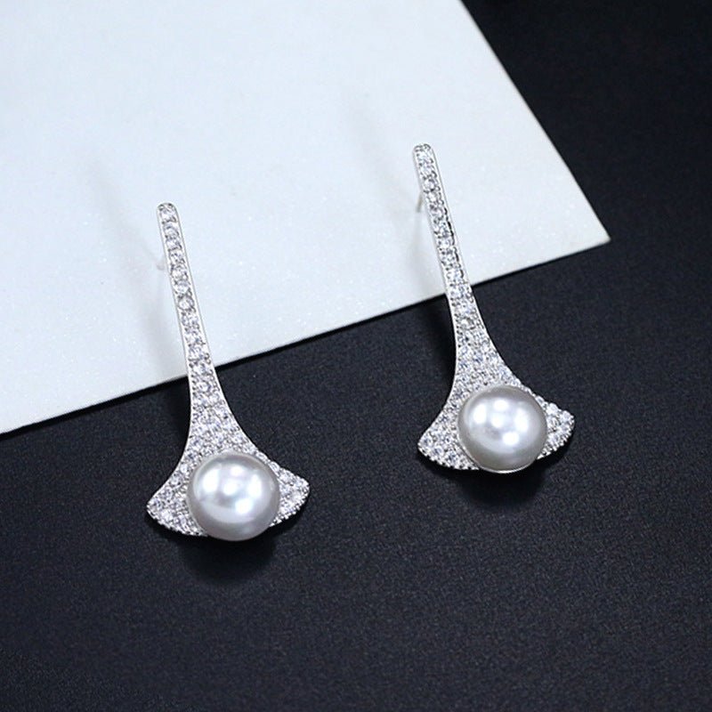 European And American Sterling Silver Needle Creative Tapered Rhinestone Light Luxury Long Pearl Earrings-Jewearrings