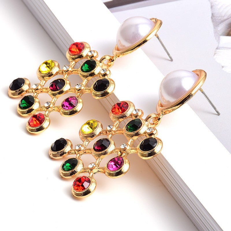 European And American Style Fashion Earrings Square Colored Diamond Pearls-Jewearrings