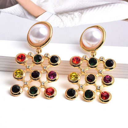 European And American Style Fashion Earrings Square Colored Diamond Pearls-Jewearrings