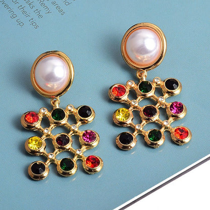 European And American Style Fashion Earrings Square Colored Diamond Pearls-Jewearrings