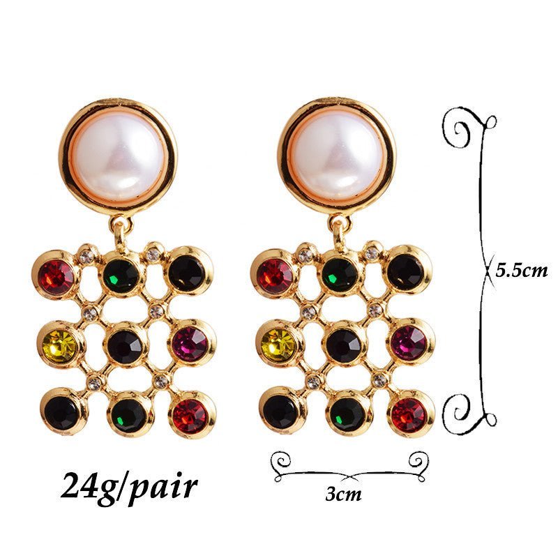 European And American Style Fashion Earrings Square Colored Diamond Pearls-Jewearrings