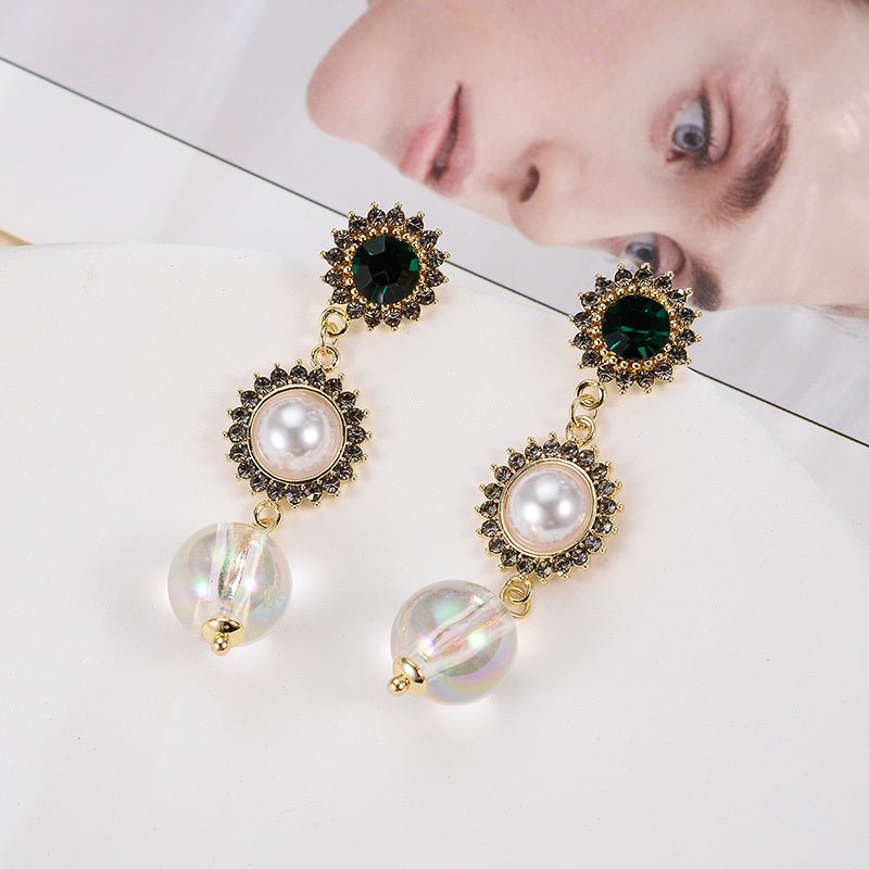 European And American Temperament Diamond Pearl Long Earrings-Jewearrings