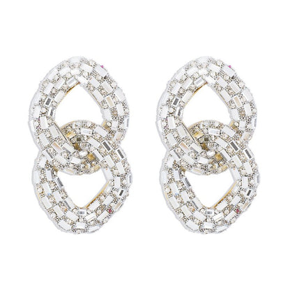 European And American Temperament Entry Lux Full Diamond Hollow Stud Earrings Exaggerated Geometry Chain Rhinestone Design Sense-Jewearrings