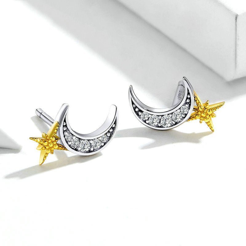 Evele Cross-Border Hot Sale Earrings Gold-Plated Sterling Silver S925 Fashion Star And Moon Earrings Simple European And American Style Girl Earrings-Jewearrings