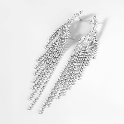 Exaggerated Alloy Diamond-studded Tassel Earrings-Jewearrings