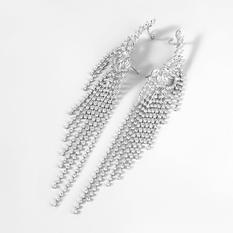 Exaggerated Alloy Diamond-studded Tassel Earrings-Jewearrings