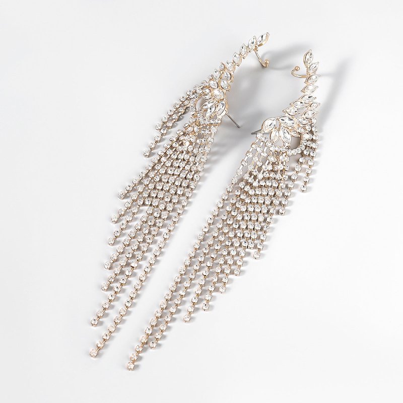 Exaggerated Alloy Diamond-studded Tassel Earrings-Jewearrings