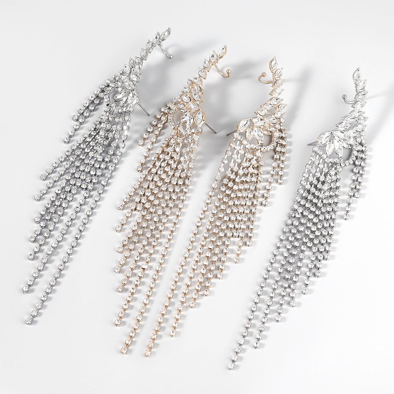 Exaggerated Alloy Diamond-studded Tassel Earrings-Jewearrings