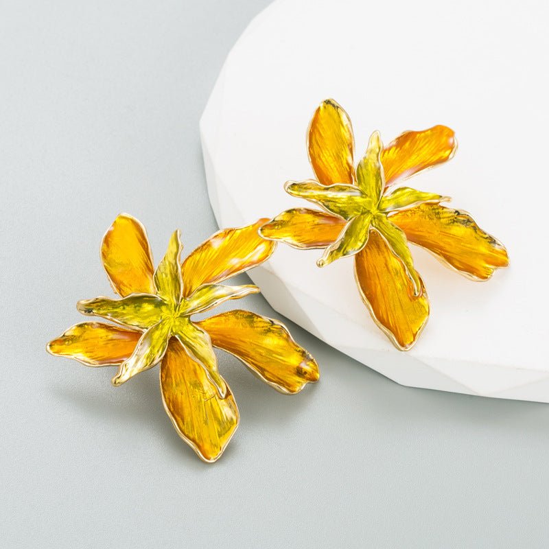 Exaggerated Enamel Drop Oil Iris Tectorum Flower Double-layer Stud Earrings-Jewearrings