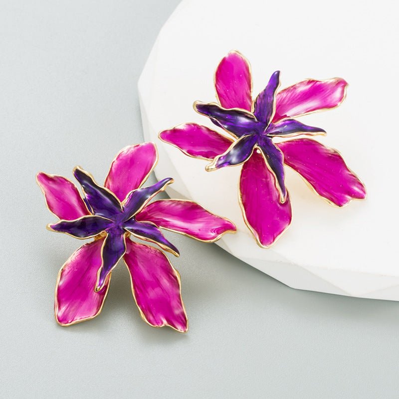 Exaggerated Enamel Drop Oil Iris Tectorum Flower Double-layer Stud Earrings-Jewearrings