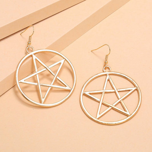 Exaggerated Fashion Metal Circle Big Five-Pointed Star Earrings-Jewearrings