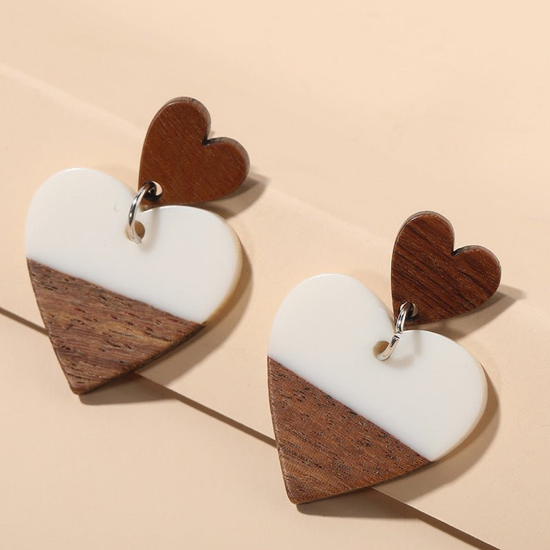 Exaggerated Geometry Heart-shaped Wood Acrylic Earrings For Women-Jewearrings