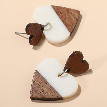 Exaggerated Geometry Heart-shaped Wood Acrylic Earrings For Women-Jewearrings