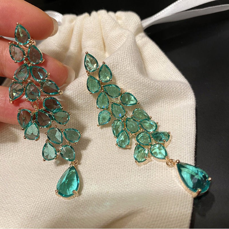 Exaggerated Green Diamond Leaf Fringe Leaf Long Drop Earrings-Jewearrings