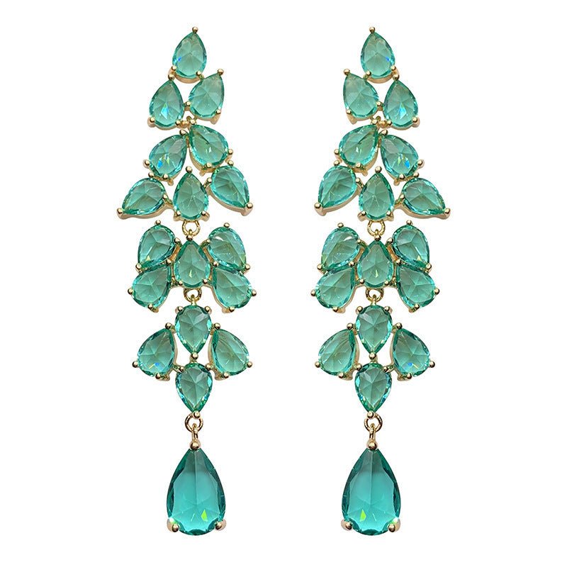 Exaggerated Green Diamond Leaf Fringe Leaf Long Drop Earrings-Jewearrings