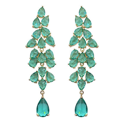 Exaggerated Green Diamond Leaf Fringe Leaf Long Drop Earrings-Jewearrings