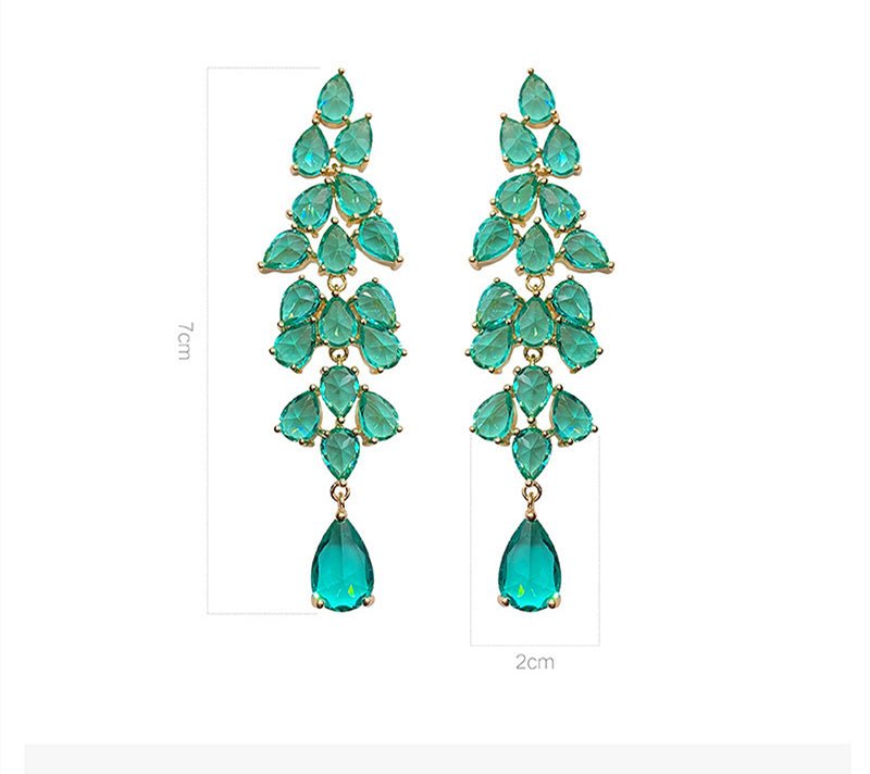 Exaggerated Green Diamond Leaf Fringe Leaf Long Drop Earrings-Jewearrings