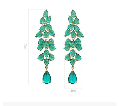 Exaggerated Green Diamond Leaf Fringe Leaf Long Drop Earrings-Jewearrings