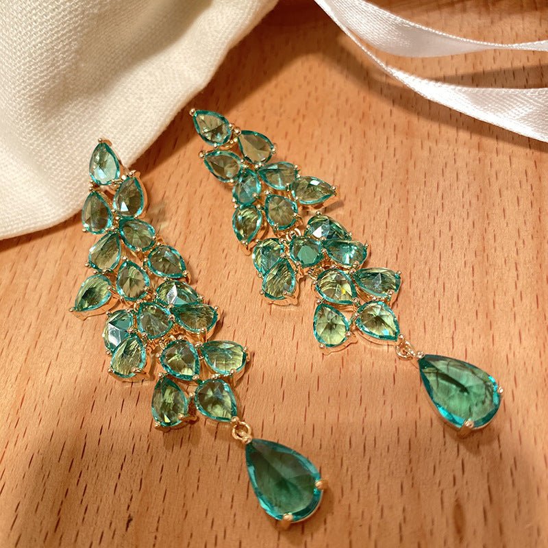 Exaggerated Green Diamond Leaf Fringe Leaf Long Drop Earrings-Jewearrings