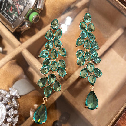 Exaggerated Green Diamond Leaf Fringe Leaf Long Drop Earrings-Jewearrings