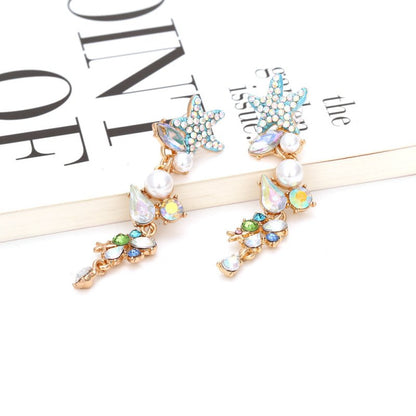 Exaggerated Long Diamond Starfish Pearl Earrings-Jewearrings