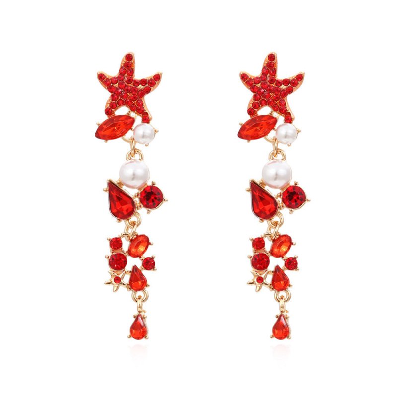 Exaggerated Long Diamond Starfish Pearl Earrings-Jewearrings