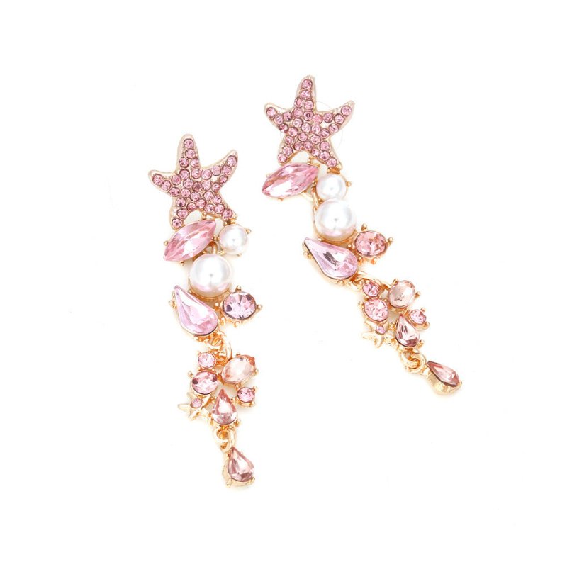 Exaggerated Long Diamond Starfish Pearl Earrings-Jewearrings