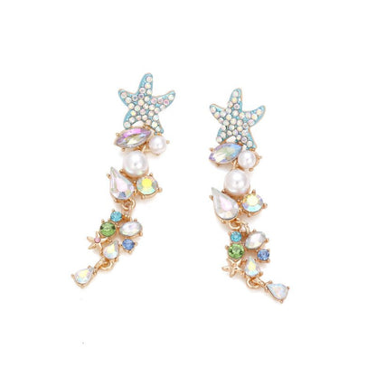 Exaggerated Long Diamond Starfish Pearl Earrings-Jewearrings