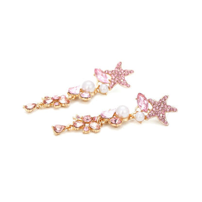 Exaggerated Long Diamond Starfish Pearl Earrings-Jewearrings